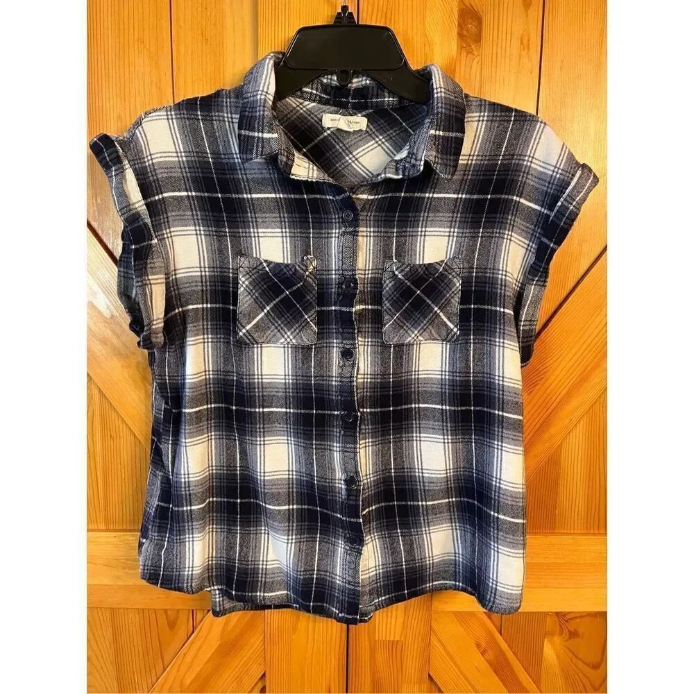 BeachLunchLounge Womens Button Front Shirt Plaid Short Sleeve Large (3440)
